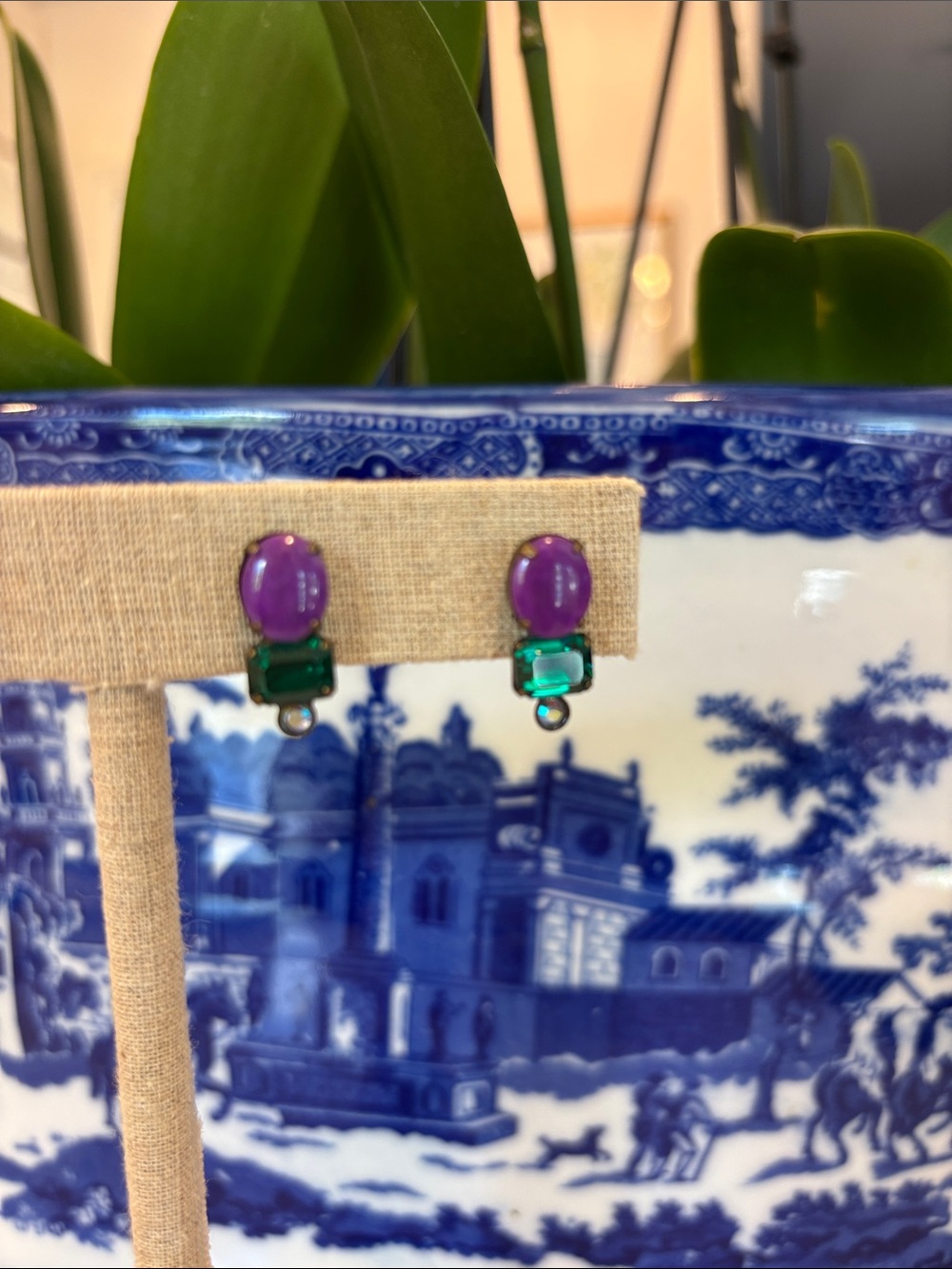 Sorrelli Purple Cabochon and Emerald Square Drop Earrings